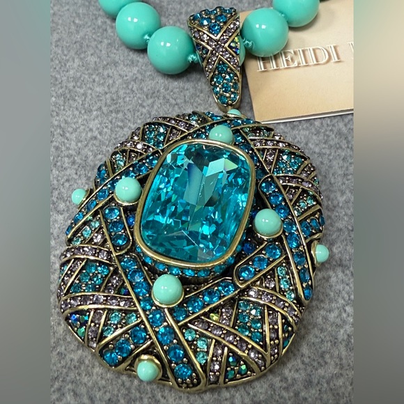 Lot Heidi Daus Teal Blue Crystal Enamel Enhancer Pendant Beaded Necklace & Ring - Picture 5 of 16